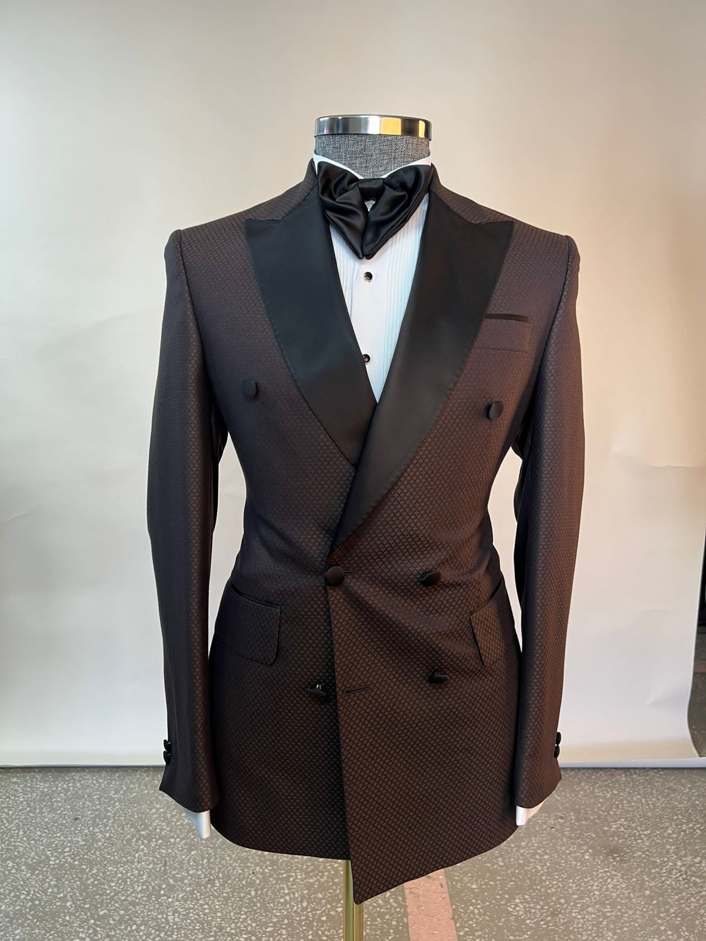 Chocolate Brown Double Breasted Lapel over Black Pant. $299.00